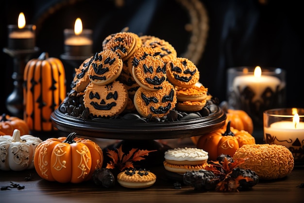 Генеративное AI-изображение Хэллоуинского печенья в тарелке со свечами на деревянном столе