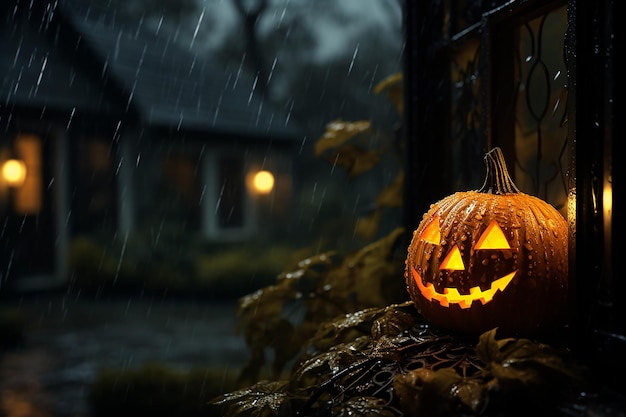 Generative AI Image of Halloween Pumpkin Head in Outdoor During Rain at Night