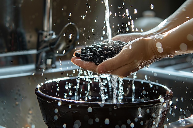 Генерируемое ИИ изображение рук, держащих семена черной сои, стирающих в раковине