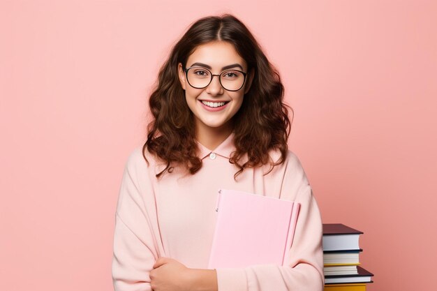 Generative AI Image of happy beautiful student girl posing with exercise books isolated over pink