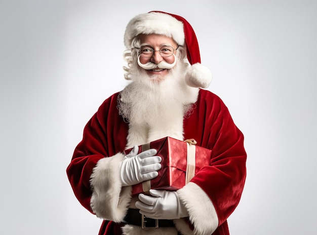 Foto immagine generativa dell'ia di happy santa claus con la barba bianca boscosa nel classico costume di babbo natale