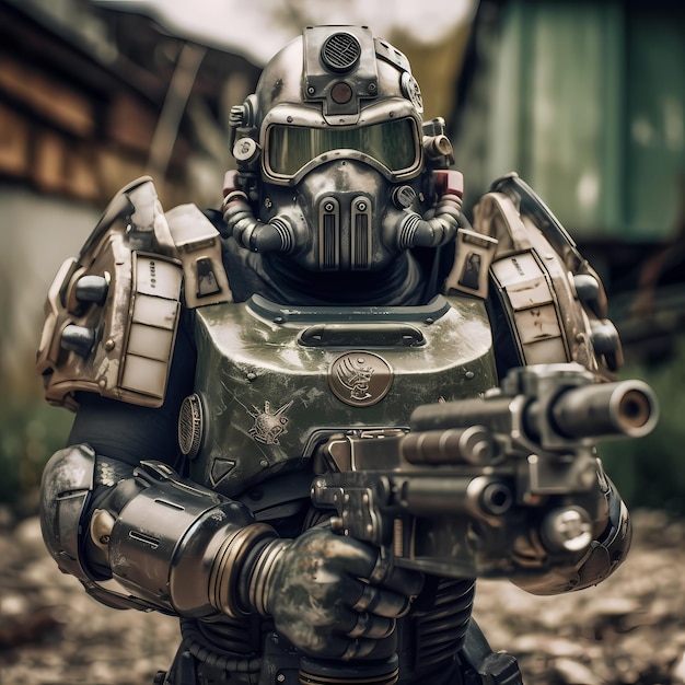 Generative ai image of hyper realistic soldier wearing gas mask while standing on ruined city street