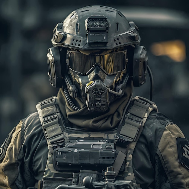 Generative ai image of hyper realistic soldier wearing gas mask while standing on ruined city street