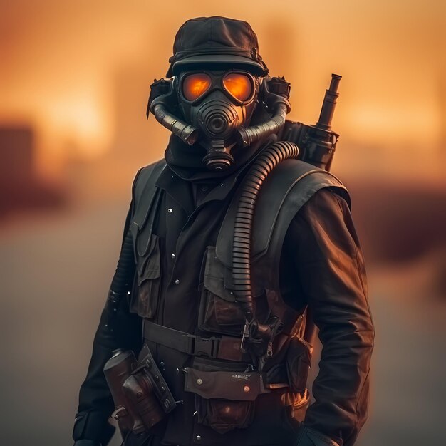 Generative ai image of hyper realistic soldier wearing gas mask while standing on ruined city street