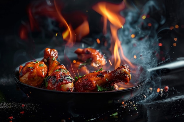 Generative AI Image of Korean Fried Chicken with Hot Fire Flame in Wok Pan