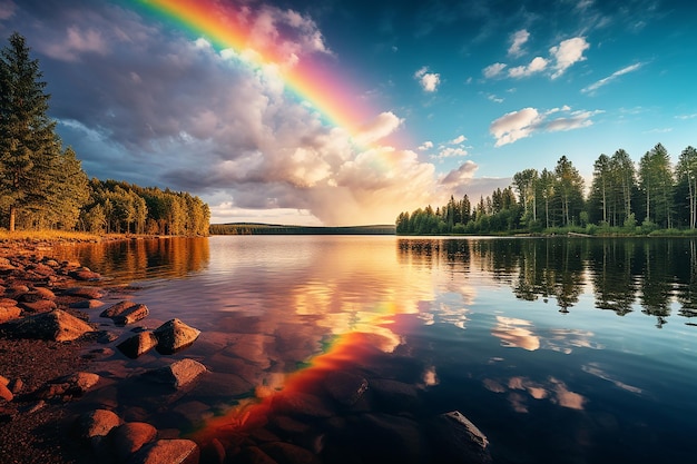Генеративное AI-изображение вида на озеро с радугой в небе в солнечный день