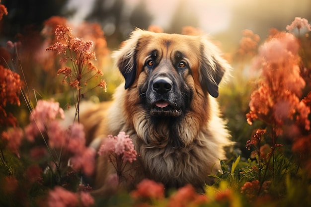 Generative AI Image of Leonberger Dog Resting in Flowering Field on a Sunny Day