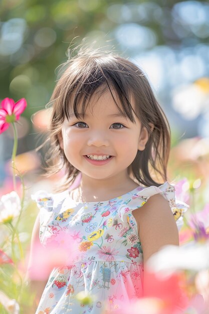 Photo generative ai image of little girl playing in park with colorful flower in spring