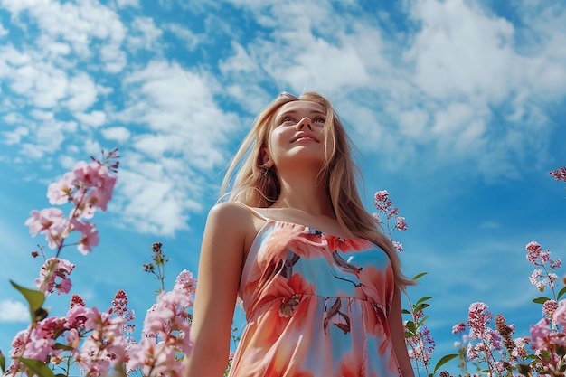 鮮やかな青い空の下の花の公園でロシアの女の子の低角度ショットの生成AI画像