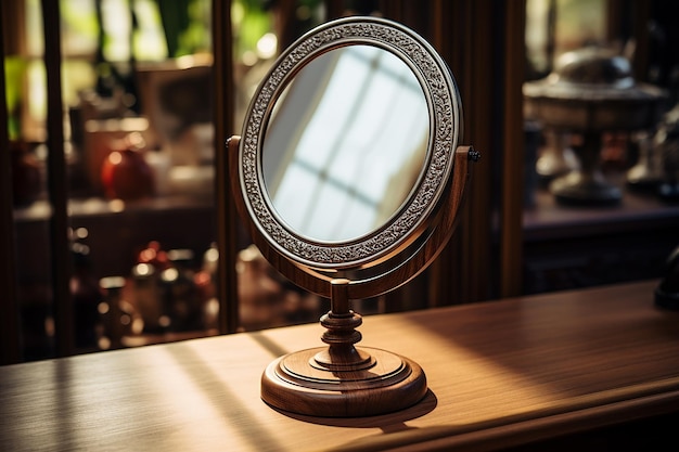 Генеративное ИИ изображение зеркала макияжа с серебряной рамой на деревянном столе