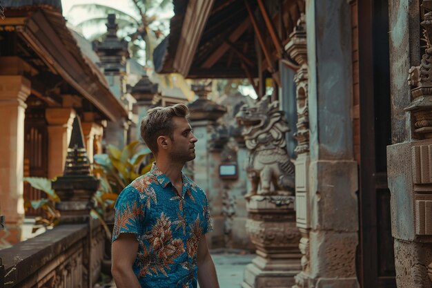 Generative AI image of a Man Tourist Vacationing at Balinese Temple