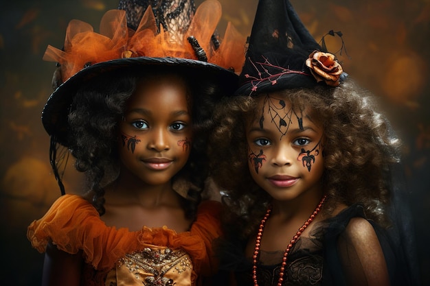 사진 할로윈 축제 조명에서 마녀 의상을 입은 사랑스러운 아이의 생성 ai 이미지 어두운 배경