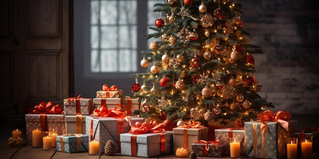 写真 明るいライトとプレゼントのあるクリスマス ツリーの ai 生成画像