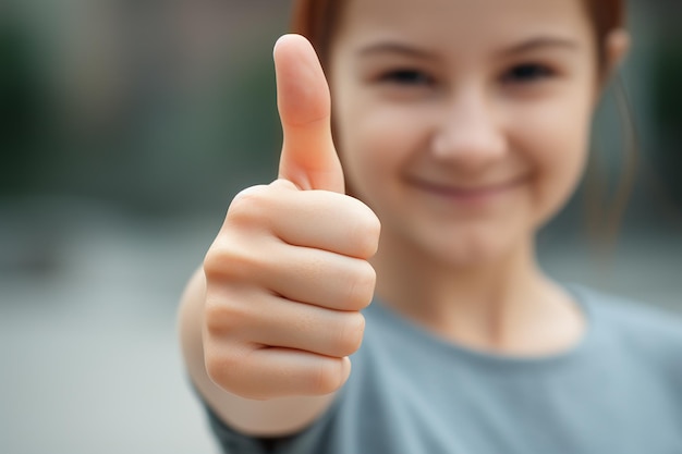 Фото Генеративное изображение девушки с поднятым большим пальцем и улыбающимся выражением лица