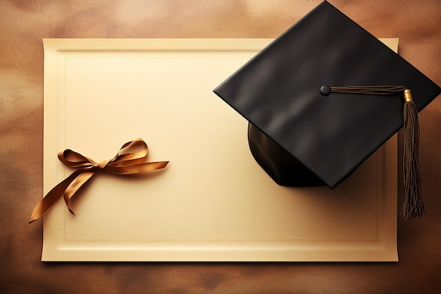 Фото Генеративное ai-изображение выпускной шапки с чистым дипломным листом на коричневом фоне