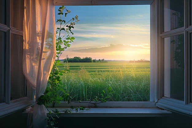사진 자연의 생성 ai 이미지 아침에 창문에서 녹색 초원의 시각