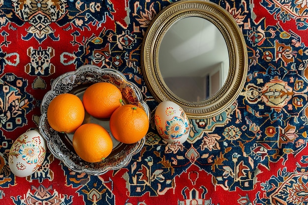 Foto immagine generativa di ai di un frutto arancione con un uovo decorato su un tappeto a disegno per la celebrazione di nowruz