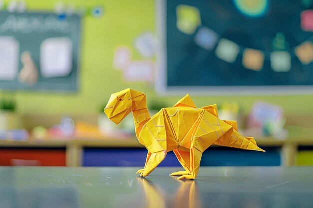 Генеративный ИИ изображение Оригами ремесла милого желтого динозавра в классе