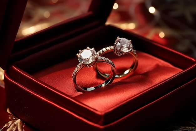 豪華なダイヤモンドをボックスに収めたペアの婚約指輪の AI 生成画像