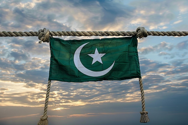 Generative AI Image of Pakistan Green Flag Hanging on Rope with Sky Background at Dusk