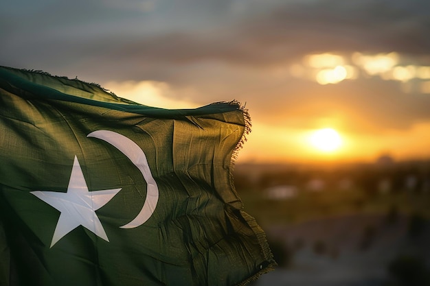 Generative AI Image of Pakistan Resolution Day with Pakistan Flag Fluttering at Sunrise