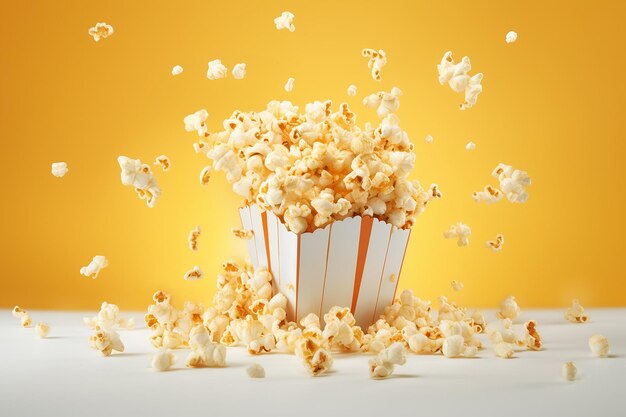 Photo generative ai image of popcorn snack exploding from packing box on yellow background