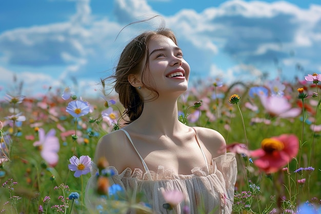 Photo generative ai image of portrait of beautiful girl smiling in flower field under blue sky