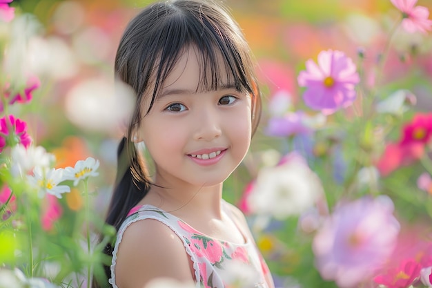 공원에서 다채로운 꽃을 가진 아름다운 일본 어린 소녀의 초상화의 생성 AI 이미지