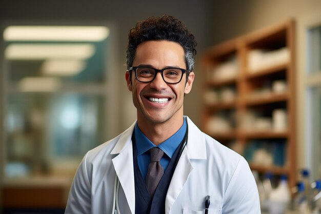 Generative AI image of portrait of smiling adult male doctor in uniform eyeglasses and looking at ca