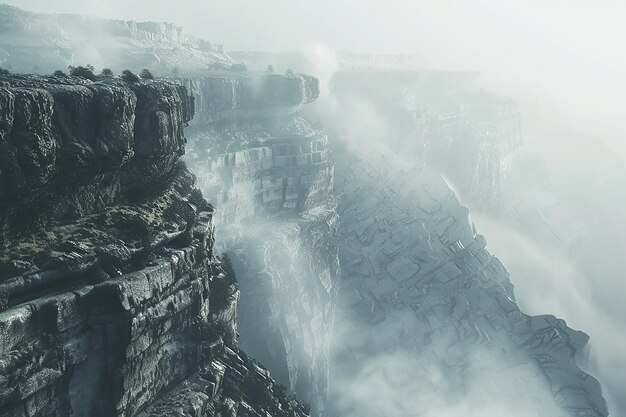 Generative AI Image of Rocky Cliff with Thick White Fog in Winter