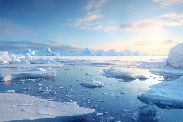 太陽が沈むときの凍結した氷の極地の海の自然景観の生成AIイメージ