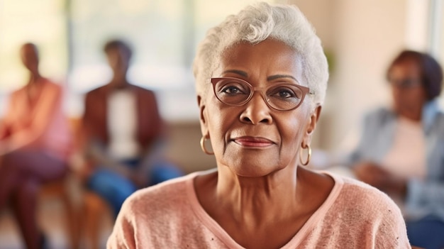 Генерированное ИИ изображение пожилой темнокожей женщины, сидящей в кругу в группе поддержки психического здоровья в доме престарелых