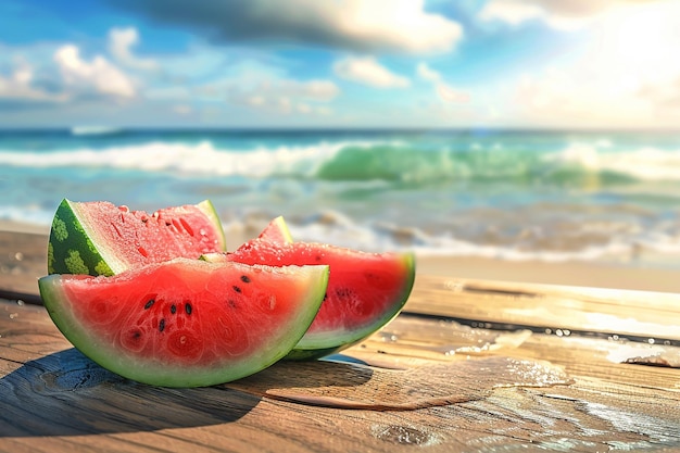 Foto immagine generativa di ai di fette di cocomero su tavolo di legno con sfondo di spiaggia estiva