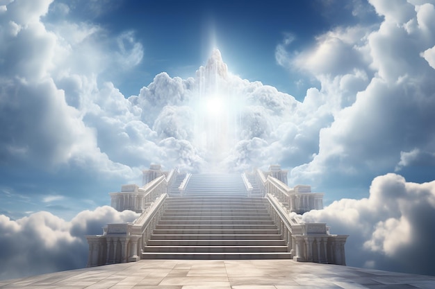 Photo generative ai image of stairs leading to heaven with white clouds in bright blue sky