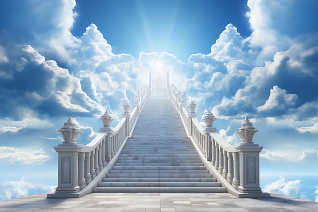 Generative AI Image of Stairs Leading Up to Heaven Gate with Bright Light in Blue Sky