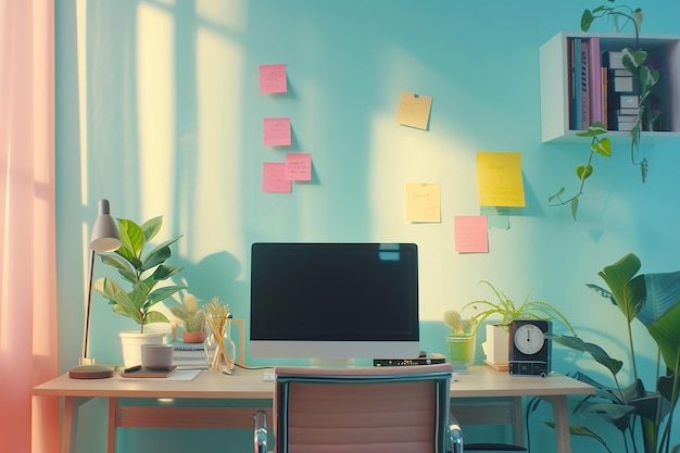 Generative AI Image of Sticky Notes Sticked on the Wall in the Workplace