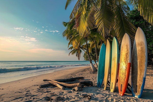 Foto immagine generativa di ia di una tavola da surf sulla spiaggia con una palma da cocco in estate