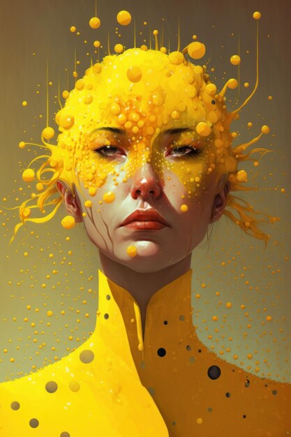 Generative ai image of surreal woman in yellow turtleneck with bubbles and lines covering head looking at camera