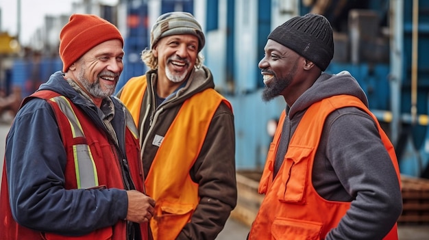 Generative ai image of three workers conversing while standing on a commercial port