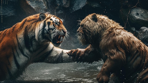 Generative AI image of tiger fighting at the river Animal concept