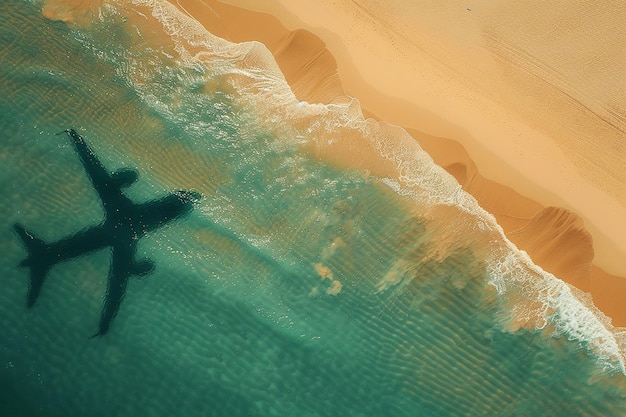 해변의 비행기 그림자와 함께 여름 배경의 상단 시야의 생성 AI 이미지