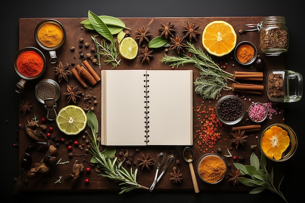 Foto immagine generativa di ia di medicina alternativa tradizionale con quaderno vuoto su sfondo di legno