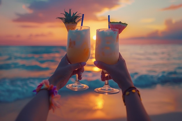 夕暮れのビーチでアナナスジュース飲み物を握っている2人の女の子の手の生成AI画像