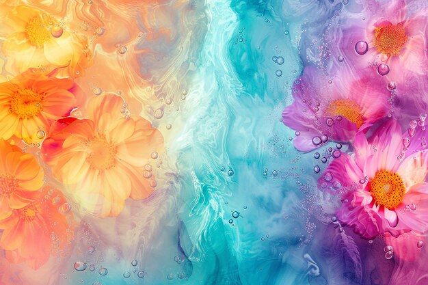 Generative AI Image of Watercolor Daisy Flowers Painting on Fluid Liquid Texture Background