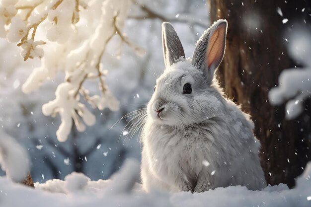 Генеративное AI-изображение белого кролика, отдыхающего под деревом во время снегопада