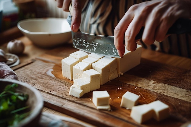 Генеративное ИИ изображение белого тофу, нарезанного ножом на деревянной доске для резки на кухне