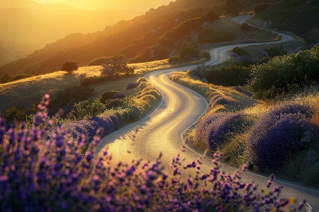 Photo generative ai image of winding road in the hills with lavender flowers in the morning