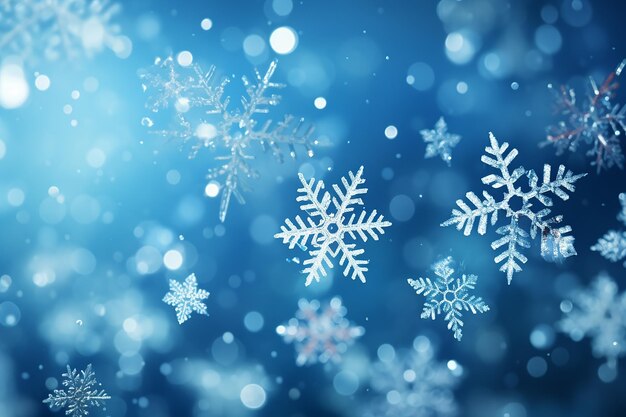 Generative ai image of winter frozen snowflakes with bokeh lights on blue background