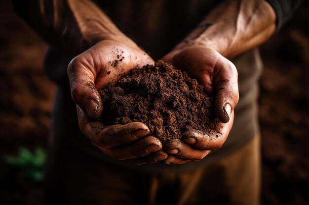 肥沃な土壌を保持する農家の手を描いた世界土壌デーの AI 生成画像