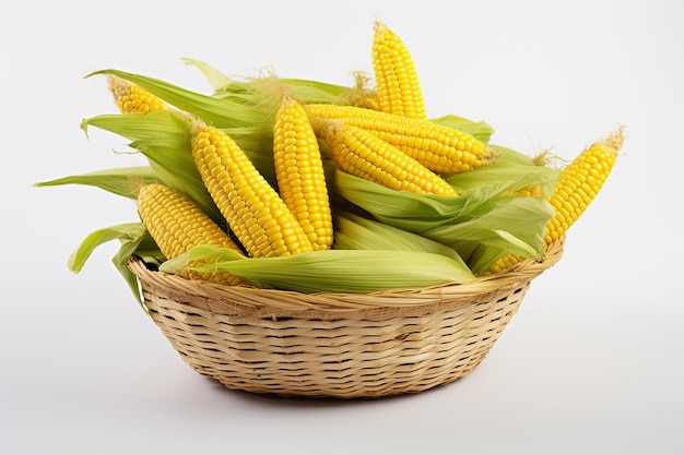 Генеративное AI-изображение желтых кукуруз в корзине из ротанга на белом фоне